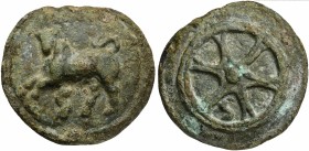 Roman Republic, Whell series, Cast Semis, Rome, ca. 230 BC; AE (g 133; mm 51); Bull leaping l.; below, S, Rv. Wheel of six spokes; between two spokes,...