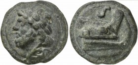 Roman Republic, Janus/Prow to r. series, Cast Semis, Rome, ca. 225-217 BC; AE (g 145; mm 52; h 12); Laureate head of Saturn l.; behind, S, Rv. Prow r....