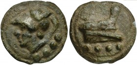 Roman Republic, Janus/Prow to r. series, Cast Triens, Rome, ca. 225-217 BC; AE (g 76; mm 43; h 12); Head of Minerva l., wearing Corinthian helmet; bel...