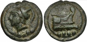 Roman Republic, Janus/Prow to r. series, Cast Triens, Rome, ca. 225-217 BC; AE (g 79; mm 45; h 12); Head of Minerva l., wearing Corinthian helmet; bel...