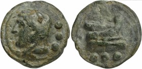 Roman Republic, Janus/Prow to r. series, Cast Quadrans, Rome, ca. 225-217 BC; AE (g 62; mm 41; h 12); Head of Hercules l., wearing lion's skin; on r.,...