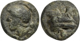 Roman Republic, Janus/Prow to r. series, Cast Uncia, Rome, ca. 225-217 BC; AE (g 22; mm 25; h 12); Head of Roma l., wearing Attic helmet; on r., °, Rv...