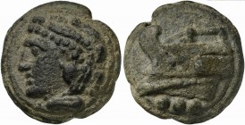 Roman Republic, Janus/Prow to l. series, Cast Quadrans, Rome, ca. 225-217 BC; AE (g 63; mm 36; h 12); Head of Hercules l., wearing lion's skin, Rv. Pr...