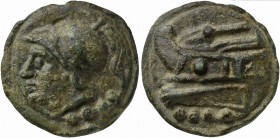 Roman Republic, Semilibral series, Cast Triens, Rome, ca. 217-215 BC; AE (g 53; mm 40; h 12); Head of Minerva l., wearing Corinthian helmet; below °°°...
