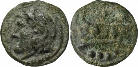 Roman Republic, Semilibral series, Cast Quadrans, Rome, ca. 217-215 BC; AE (g 32; mm 33; h 12); Head of Hercules l., wearing lion's skin; below, °°°, ...