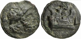 Roman Republic, Post-semilibral series, Cast Semis, Luceria, ca. 214-212 BC; AE (g 41; mm 36; h 12); Laureate head of Saturn r.; behind, S, Rv. Prow r...