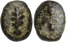 Unknown mint in Central Italy, Cast Sextans, 3rd century BC; AE (g 25; mm 26); Club, Rv. °°. HNItaly 54 (Umbria or Etruria); ICC 199.
Dark green patin...
