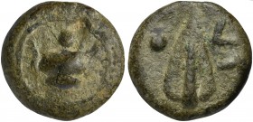 Umbria, Cast Uncia, Tuder, ca. 280-240 BC; AE (g 22; mm 26; h 12); Squat kantharos; above, °, Rv. Spearhead; around, TV and °. HNItaly 45; ICC 221.
Ra...