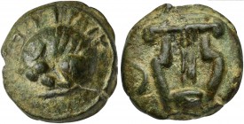 Umbria, Cast Semis, Tuder, ca. 220-200 BC; AE (g 46; mm 32; h 3); Sleeping dog l.; above, TVTERE, Rv. Lyre; on l., ). HNItaly 46; ICC 223.
Rare, green...