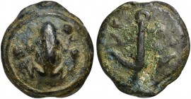 Umbria, Cast Quadrans, Tuder, ca. 220-200 BC; AE (g 20; mm 27; h 6); Frog; in field, °° °, Rv. Anchor; around, TV and °°°. HNItaly 48; ICC 225.
Rare, ...