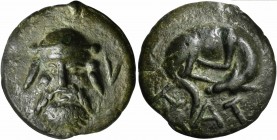 Picenum, Cast As, Hatria, ca. 275-225 BC; AE (g 424; mm 76; h 12); Head of Silenus facing, with animal's ears; on r. field, L, Rv. Dog lying asleep r....