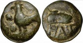Picenum, Cast Biunx, Hatria, ca. 275-225 BC; AE (g 51; mm 37; h 6); Cock standing l.; before, °°, Rv. Shoe; below, HAT. HNItaly 15; ICC 240.
Rare, bro...