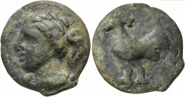 Apulia, Cast Nummus, Luceria, ca. 225-217 BC; AE (g 211; mm 66; h 2); Head Apollo (?) l., Rv. Cock standing l. HNItaly 669; ICC 336.
Very rare, untouc...