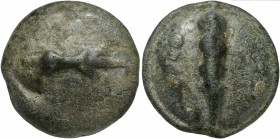 Apulia, Cast Quatrunx, Luceria, ca. 225-217 BC; AE (g 111; mm 43; h 12); Thunderbolt, Rv. Club; in field, °°°°. HNItaly 671; ICC 339.
Untouched green ...