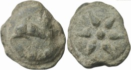 Apulia, Cast Teruncius, Luceria, ca. 225-217 BC; AE (g 119; mm 45); Sunburst of six rays, Rv. Dolphin l. within circle; below, °°°. HNItaly 672; ICC 3...