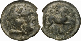 Apulia, Cast Nummus, Luceria, ca. 217-212 BC; AE (g 77; mm 46; h 12); Head of young Hercules r., wearing lion's skin, Rv. Horse prancing r.; below, L;...