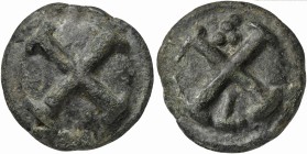 Apulia, Cast Quincunx, Luceria, ca. 217-212 BC; AE (g 40; mm 33); Four wheel spokes, Rv. Four wheel spokes; above, °°°°°; below, L. HNItaly 677a; ICC ...