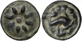 Apulia, Cast Teruncius, Luceria, ca. 217-212 BC; AE (g 23; mm 28); Sunburst of eight rays, Rv. Dolphin r. within circle; above, °°°; below, L. HNItaly...