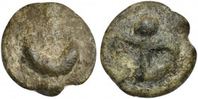 Apulia, Cast Semuncia, Luceria, ca. 217-212 BC; AE (g 6; mm 18; h 6); Crescent, Rv. Thyrsus with fillets; in field, L. HNItaly 677f; ICC 350.
Untouche...