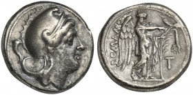 Anonymous, Didrachm, Neapolis or Rome, ca. 265-242 BC; AR (g 6,63; mm 18; h 6); Head of Roma r., wearing Phrygian helmet; behind, cornucopia, Rv. Vict...
