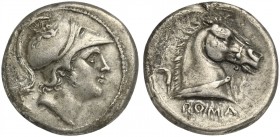 Anonymous, Didrachm, Rome, ca. 241-235 BC; AR (g 6,36; mm 20; h 6); Helmeted head of Mars r., Rv. Bridled horse's head r.; behind, sickle; below, ROMA...