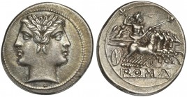 Anonymous, Quadrigatus, Rome, ca. 225-212 BC; AR (g 6,64; mm 23; h 4); Laureate Janiform head of Dioscuri, Rv. Jupiter in quadriga driven by Victory r...