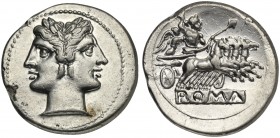 Anonymous, Quadrigatus, Rome, ca. 225-212 BC; AR (g 6,67; mm 23; h 5); Laureate Janiform head of Dioscuri, Rv. Jupiter in quadriga driven by Victory r...