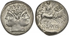 Anonymous, Quadrigatus, Rome, ca. 225-212 BC; AR (g 6,35; mm 19; h 6); Laureate Janiform head of Dioscuri, Rv. Jupiter in quadriga driven by Victory r...
