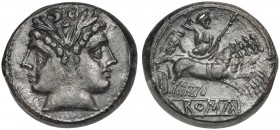Anonymous, Quadrigatus, Rome, ca. 225-212 BC; AR (g 6,59; mm 20; h 12); Laureate Janiform head of Dioscuri, Rv. Jupiter in quadriga driven by Victory ...