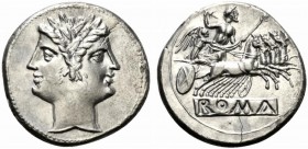 Anonymous, Quadrigatus, Rome, ca. 225-214 BC; AR (g 6,55; mm 22; h 5); Laureate Janiform head of Dioscuri, Rv. Jupiter in quadriga driven by Victory r...