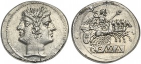 Anonymous, Quadrigatus, Rome, ca. 225-214 BC; AR (g 6,77; mm 23; h 6); Laureate Janiform head of Dioscuri, Rv. Jupiter in quadriga driven by Victory r...