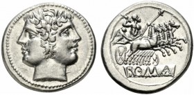Anonymous, Quadrigatus, Rome, ca. 225-214 BC; AR (g 6,70; mm 22; h 9); Laureate Janiform head of Dioscuri, Rv. Jupiter in quadriga driven by Victory r...