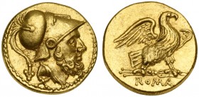 Anonymous, 60 Asses, Rome, ca. 211-207 BC; AV (g 3,35; mm 14; h 11); Helmeted head of Mars r.; behind, LX, Rv. Eagle on thunderbolt r.; below, ROMA. C...