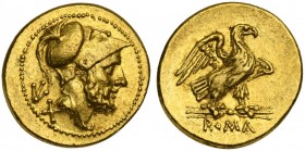 Anonymous, 60 Asses, Rome, ca. 211-207 BC; AV (g 3,36; mm 15; h 4); Helmeted head of Mars r.; behind, LX, Rv. Eagle on thunderbolt r.; below, ROMA. Cr...