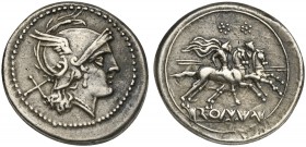 Anonymous, Denarius, Rome, ca. 214-213 BC; AR (g 4,39; mm 20; h 9); Helmeted head of Roma r.; behind, X, Rv. Dioscuri galloping r.; in ex. ROMA partia...