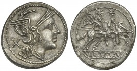 Anonymous, Denarius, Rome, after 211 BC; AR (g 4,48; mm 20; h 11); Helmeted head of Roma r.; behind, X, Rv. Dioscuri galloping r.; in ex. ROMA partial...