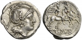 Anonymous, Quinarius, Rome, ca. 211-208 BC; AR (g 2,05; mm 15; h 9); Helmeted head of Roma r.; behind, V, Rv. Dioscuri galloping r.; in ex. ROMA. Craw...