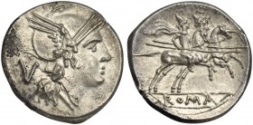 Anonymous, Quinarius, Rome, ca. 211-208 BC; AR (g 1,95; mm 15; h 9); Helmeted head of Roma r.; behind, V, Rv. Dioscuri galloping r.; in ex. ROMA. Craw...