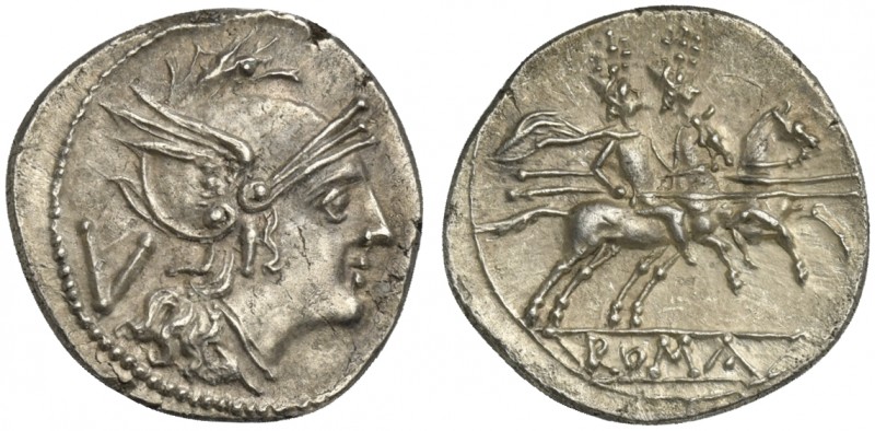 Anonymous, Quinarius, Rome, ca. 211-208 BC; AR (g 2,25; mm 15; h 11); Helmeted h...