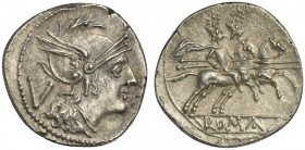 Anonymous, Quinarius, Rome, ca. 211-208 BC; AR (g 2,25; mm 15; h 11); Helmeted head of Roma r.; behind, V, Rv. Dioscuri galloping r.; in ex. ROMA. Cra...