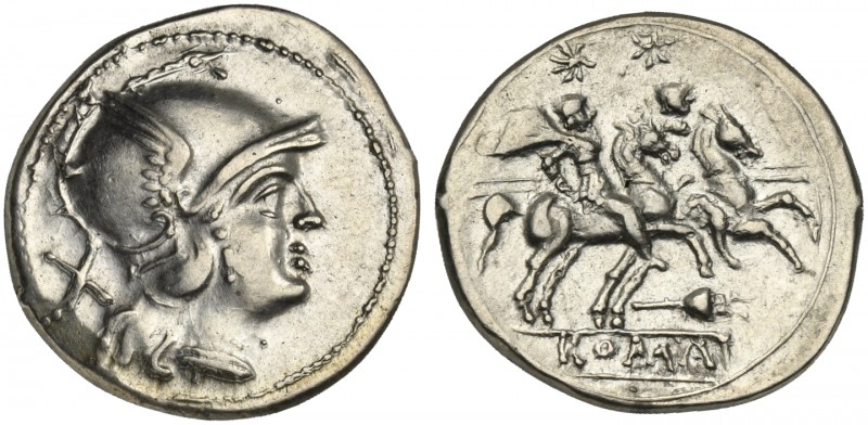 Apex series, Denarius, Rome, ca. 208 BC; AR (g 4,24; mm 19; h 7); Helmeted head ...