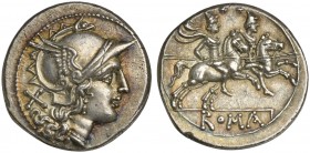 Anonymous, Denarius, Rome, after 211 BC; AR (g 4,13; mm 19; h 9); Helmeted head of Roma r.; behind, X, Rv. Dioscuri galloping r.; in ex. ROMA. Crawfor...