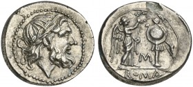 C/M series, Victoriatus, Sicily, ca. 211-208 BC; AR (g 3,24; mm 17; h 8); Laureate head of Jupiter r.; behind, C, Rv. Victory crowning trophy; between...