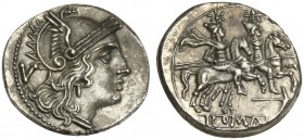 Dolabella series, Quinarius, Sicily, ca. 209-208 BC; AR (g 2,12; mm 15; h 5); Helmeted head of Roma r.; behind, V, Rv. Dioscuri galloping r.; below, d...