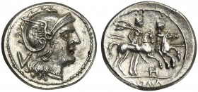 H series, Quinarius, South-East Italy, ca. 211-210 BC; AR (g 2,21; mm 16; h 6); Helmeted head of Roma r.; behind, V, Rv. Dioscuri galloping r.; below,...