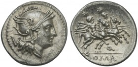 Q series, Quinarius, South-East Italy, ca. 211-210 BC; AR (g 2,17; mm 17; h 6); Helmeted head of Roma r.; behind, V, Rv. Dioscuri galloping r.; below,...
