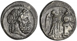 L series, Victoriatus, Luceria, ca. 214-208 BC; AR (g 3,24; mm 17; h 8); Laureate head of Jupiter r., Rv. Victory crowning trophy; between, L; in ex. ...