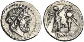 Q series, Victoriatus, Apulia, ca. 211-210 BC; AR (g 3,15; mm 17; h 3); Laureate head of Jupiter r., Rv. Victory crowning trophy; between, Q; in ex. R...