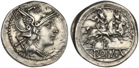 B series, Denarius, Etruria (?), ca. 211-208 BC; AR (g 4,27; mm 20; h 10); Helmeted head of Roma r.; behind, X, Rv. Dioscuri galloping r.; below, B; i...