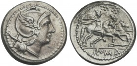 Knife (first) series, Denarius, Central Italy (?), ca. 211-208 BC; AR (g 4,34; mm 19; h 12); Helmeted head of Roma r.; behind, X, Rv. Dioscuri gallopi...
